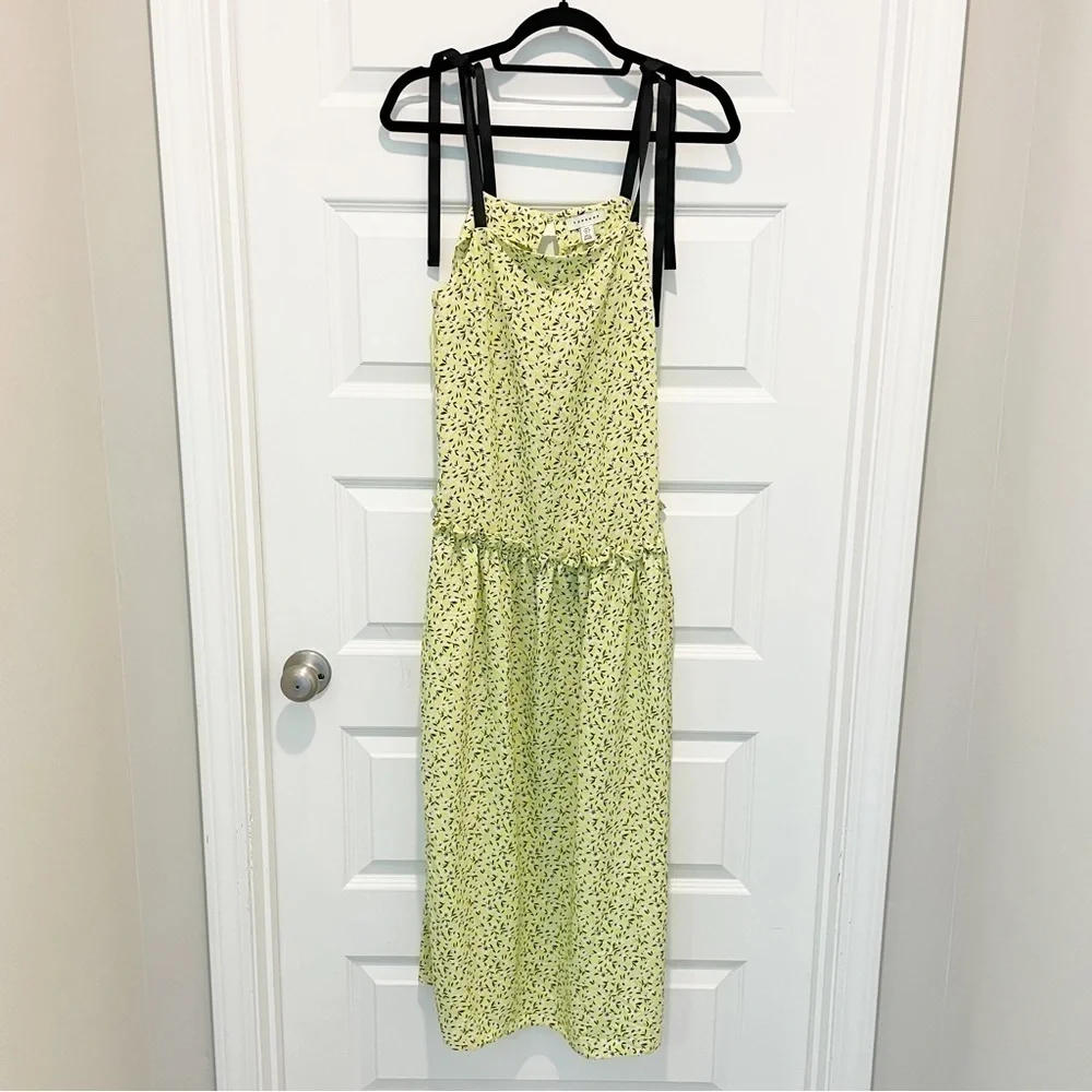 New TOPSHOP Floral Print Drop Waist Midi Dress in Lime